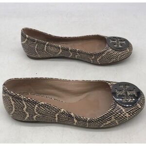 Tory Burch Reva Silver Snake Print Ballet Flats Women's Size 6.5Leather Metallic